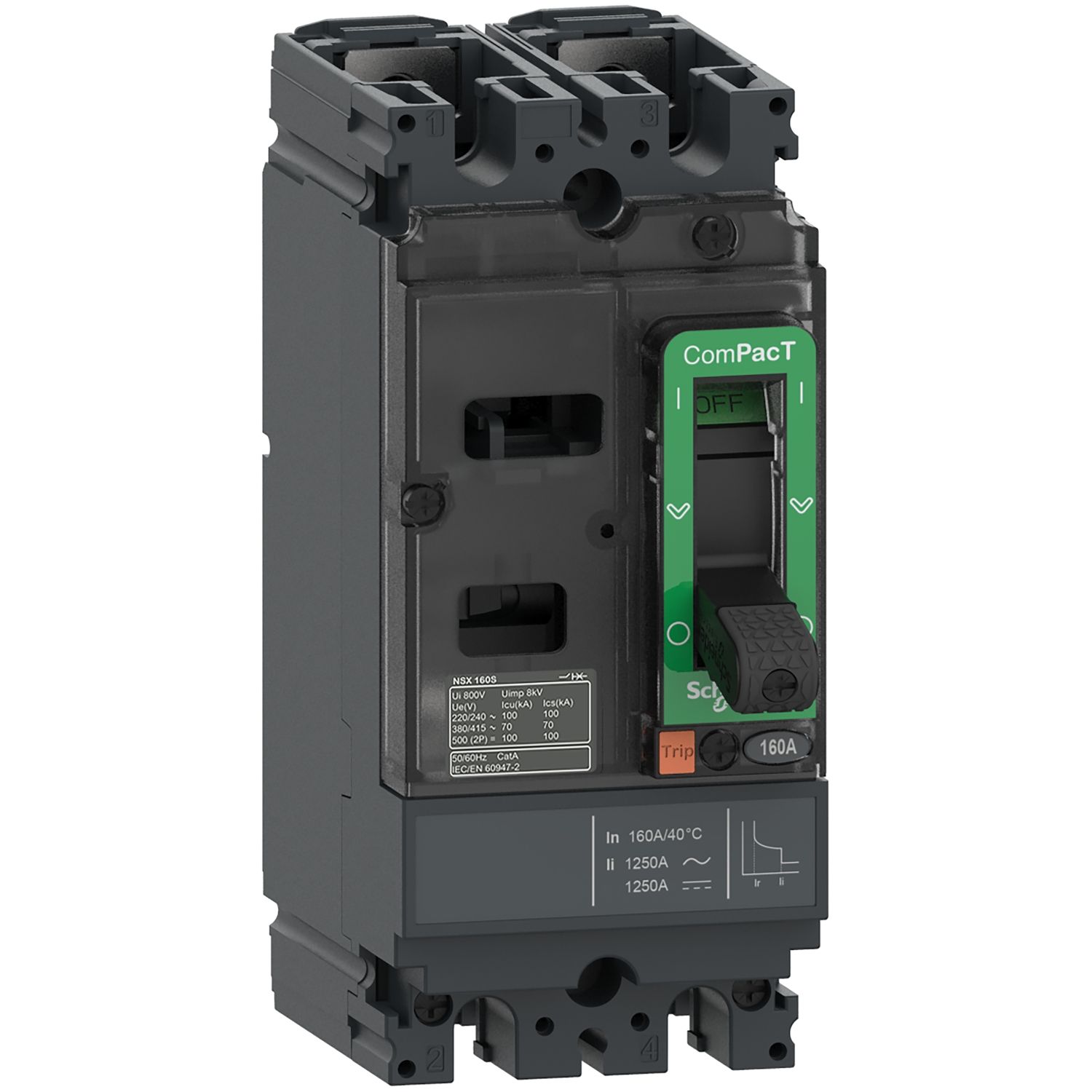 Picture of Circuit breaker, ComPacT NSX160M AC/DC, 25kA/415VAC, 2 poles, TMD trip unit 160A