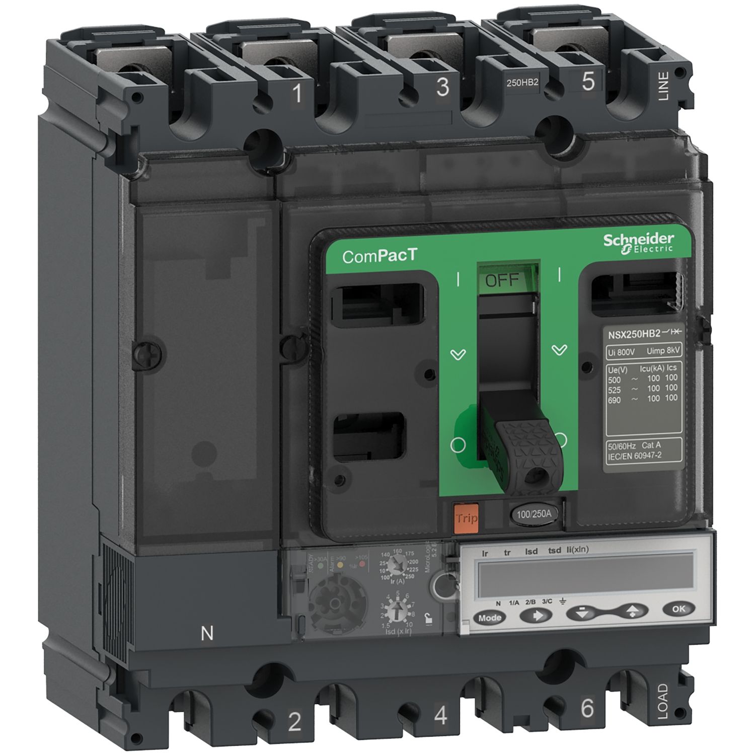 Picture of Circuit breaker, ComPacT NSX250R, 200kA/415VAC, 4 poles, MicroLogic 5.2E trip unit 250A