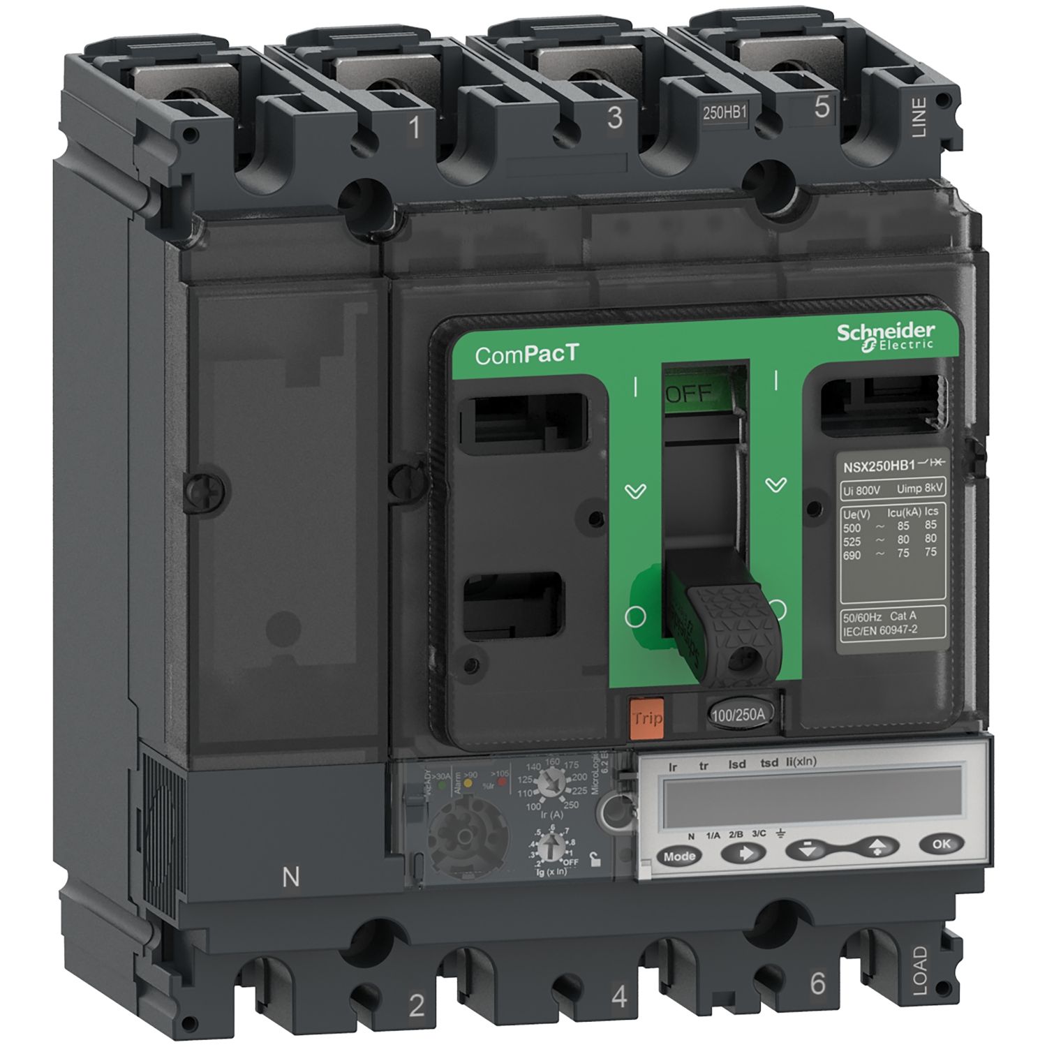 Picture of Circuit breaker, ComPacT NSX250R, 200kA/415VAC, 4 poles, MicroLogic 6.2E trip unit 160A
