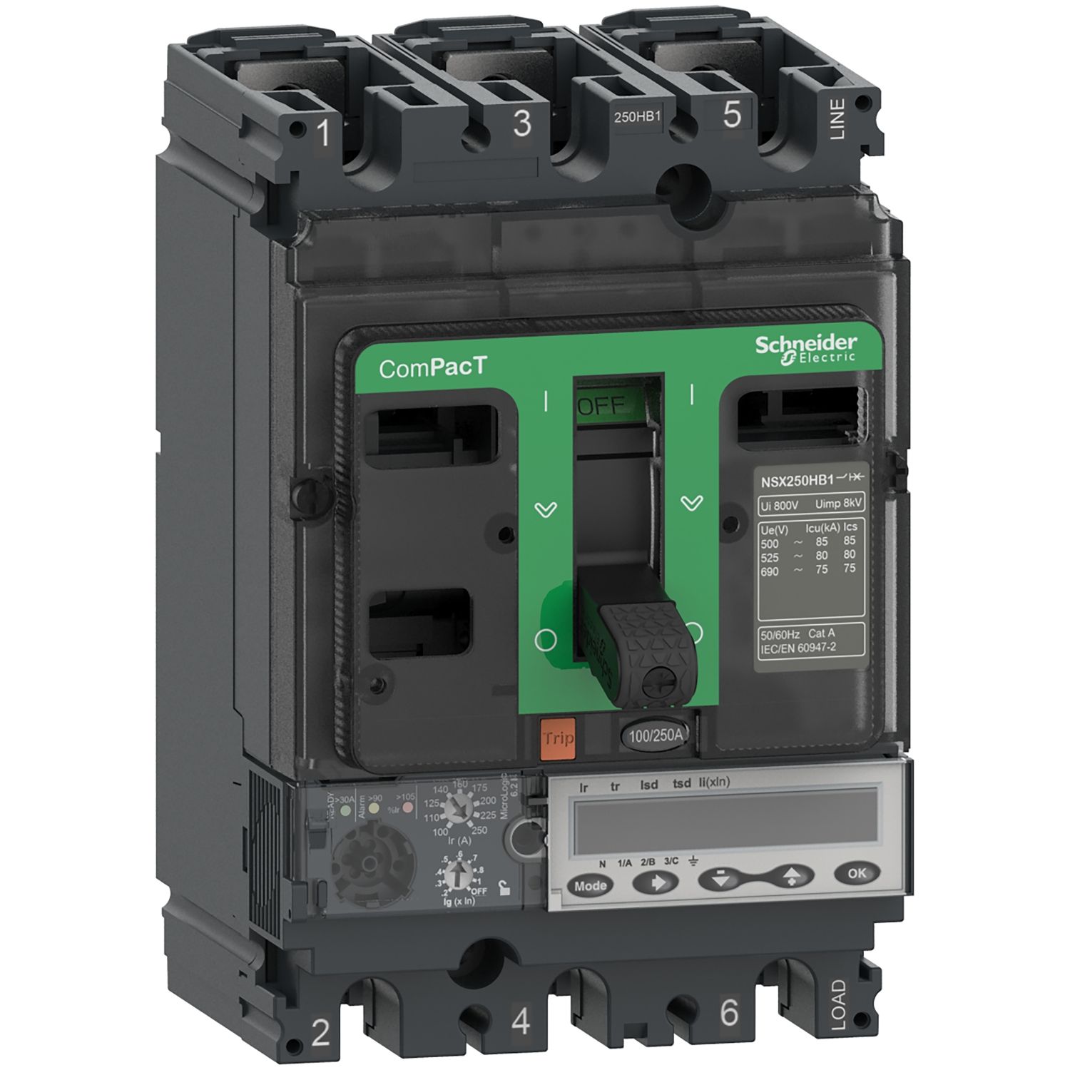 Picture of Circuit breaker, ComPacT NSX250HB1, 75kA/690VAC, 3 poles, MicroLogic 6.2E trip unit 160A