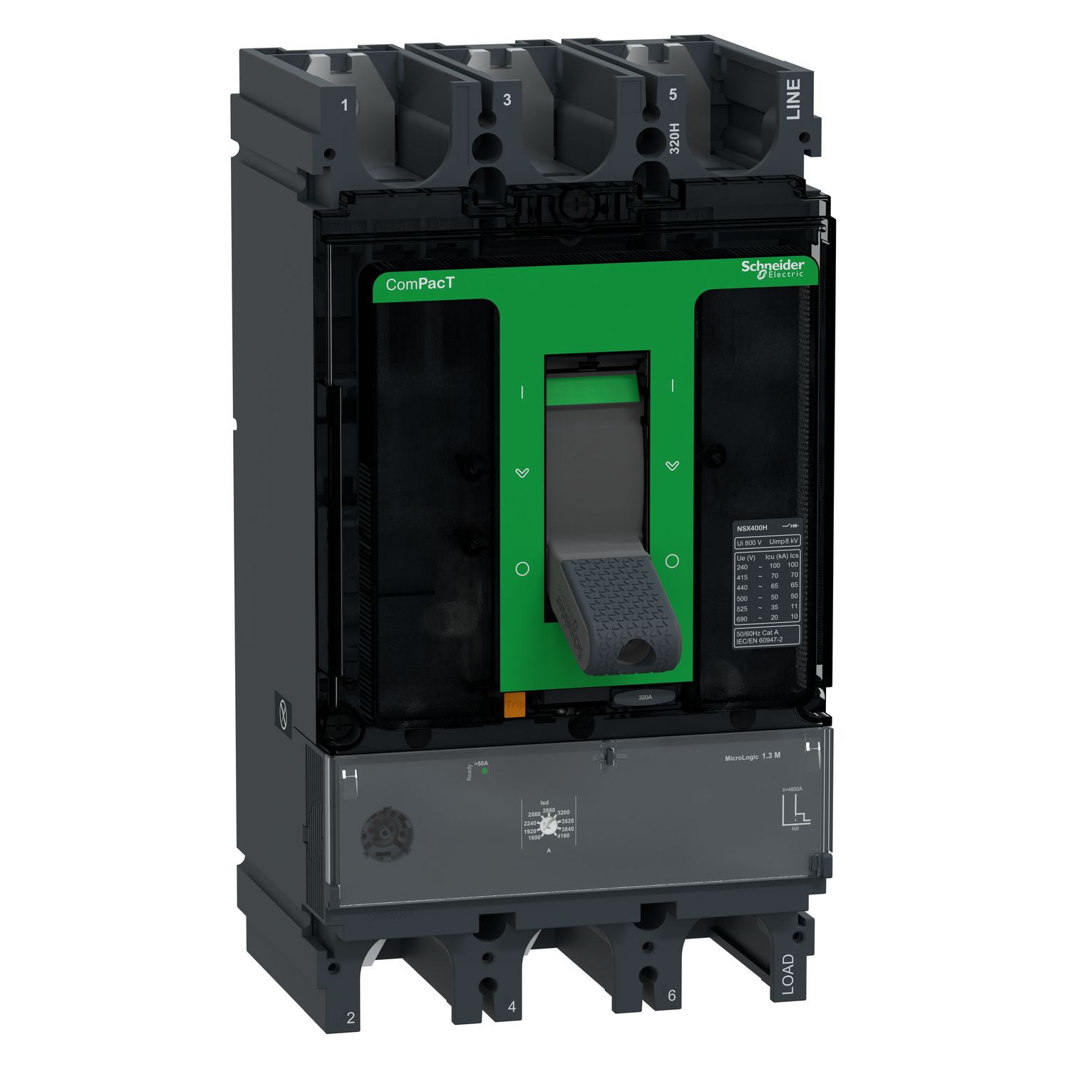 Picture of Circuit breaker, ComPacT NSX400H, 70kA/415VAC, 3 poles, MicroLogic 1.3M trip unit 320A