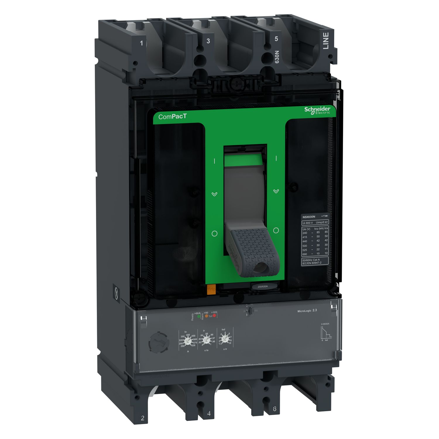Picture of Circuit breaker, ComPacT NSX630N, 50kA/415VAC, 3 poles, MicroLogic 2.3 trip unit 630A