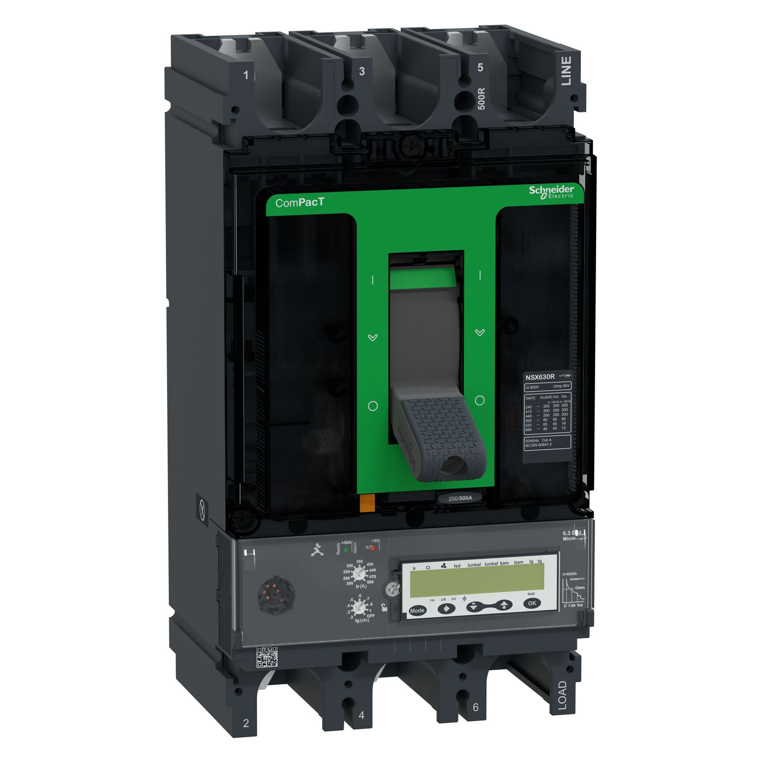 Picture of Circuit breaker, ComPacT NSX630R, 200kA/415VAC, 3 poles, MicroLogic 6.3E-M trip unit 500A