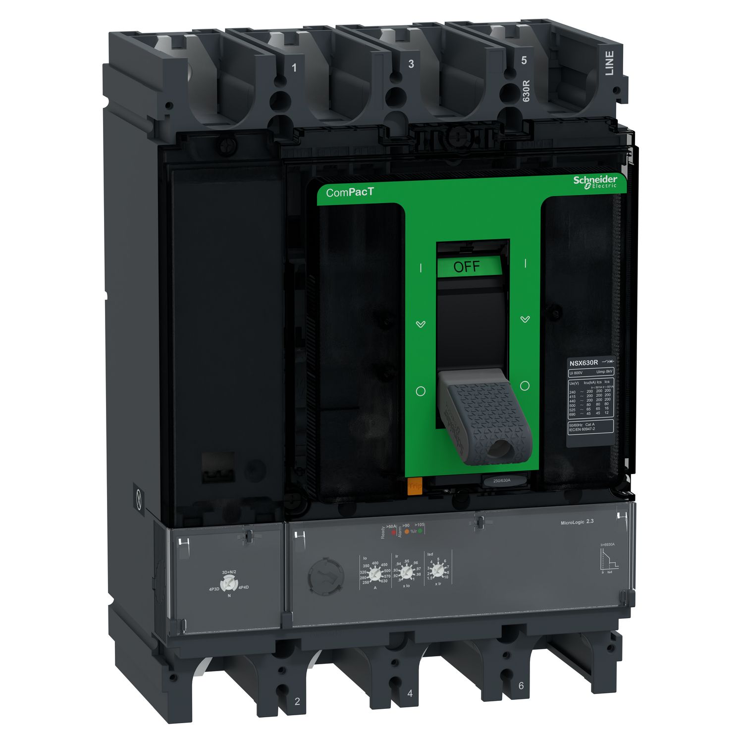 Picture of Circuit breaker, ComPacT NSX630R, 200kA/415VAC, 4 poles, MicroLogic 2.3 trip unit 630A