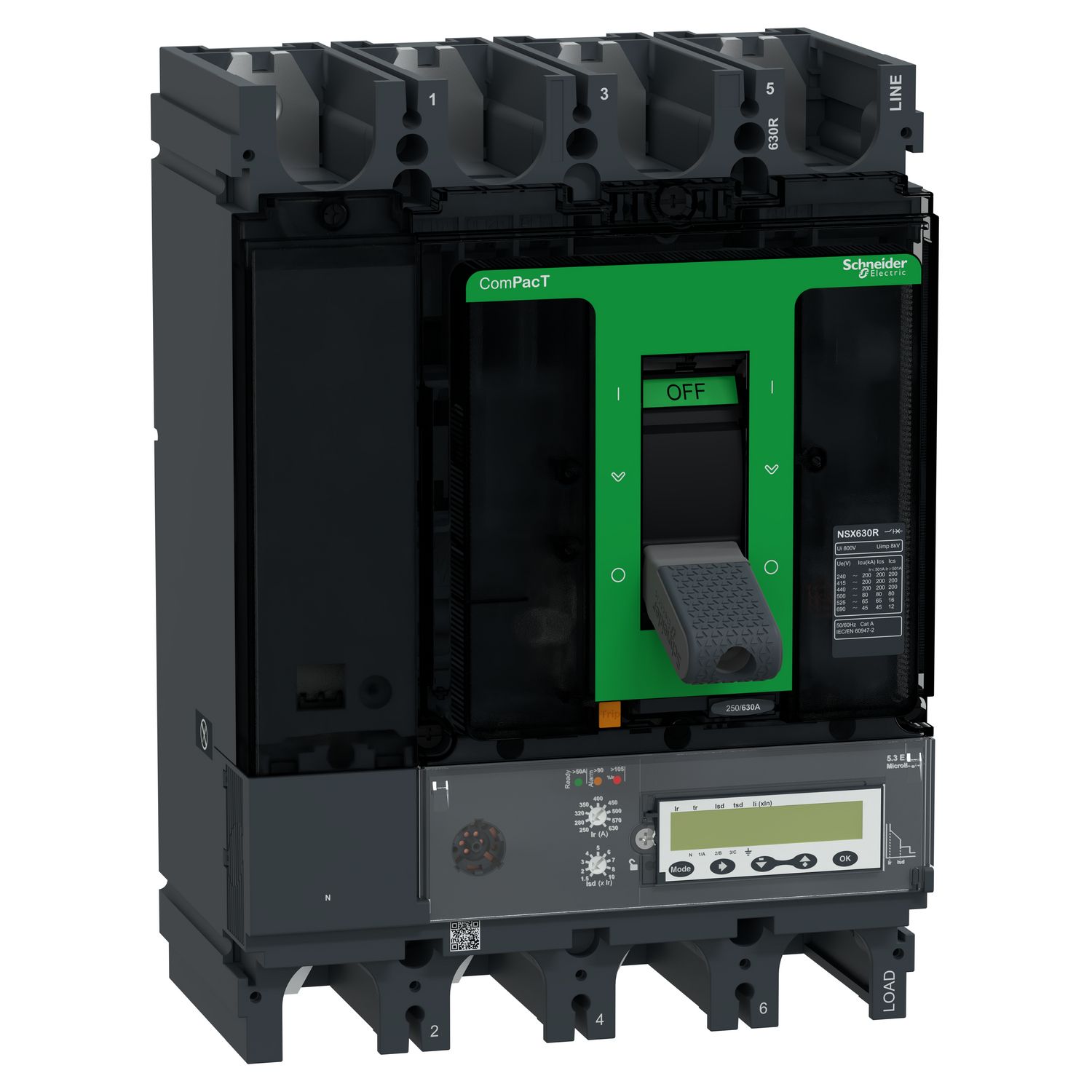 Picture of Circuit breaker, ComPacT NSX630R, 200kA/415VAC, 4 poles, MicroLogic 5.3E trip unit 630A