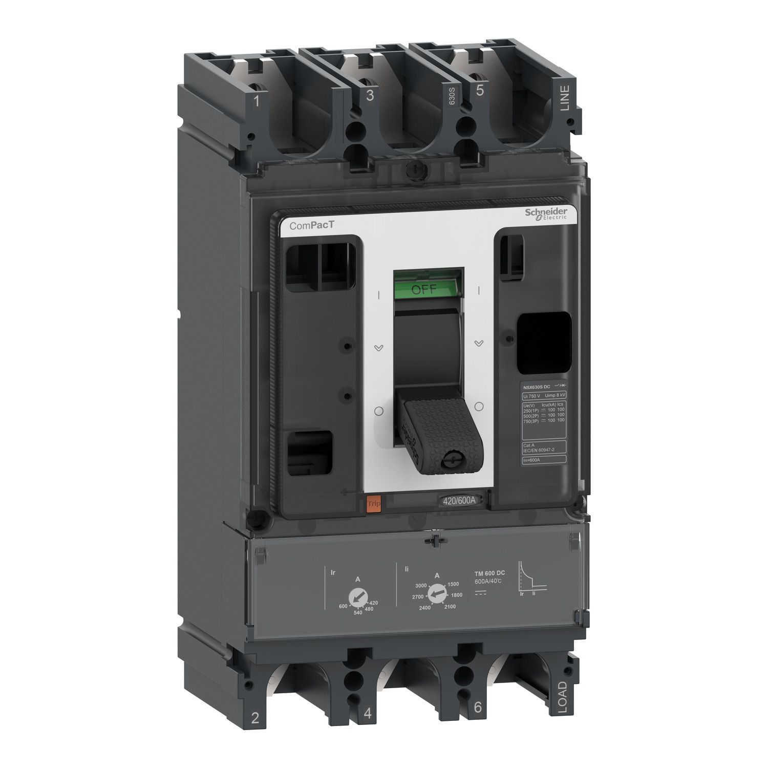 Picture of Circuit breaker, ComPacT NSX630S DC, 100kA/750VDC, 3 poles, TM-DC trip unit 600A