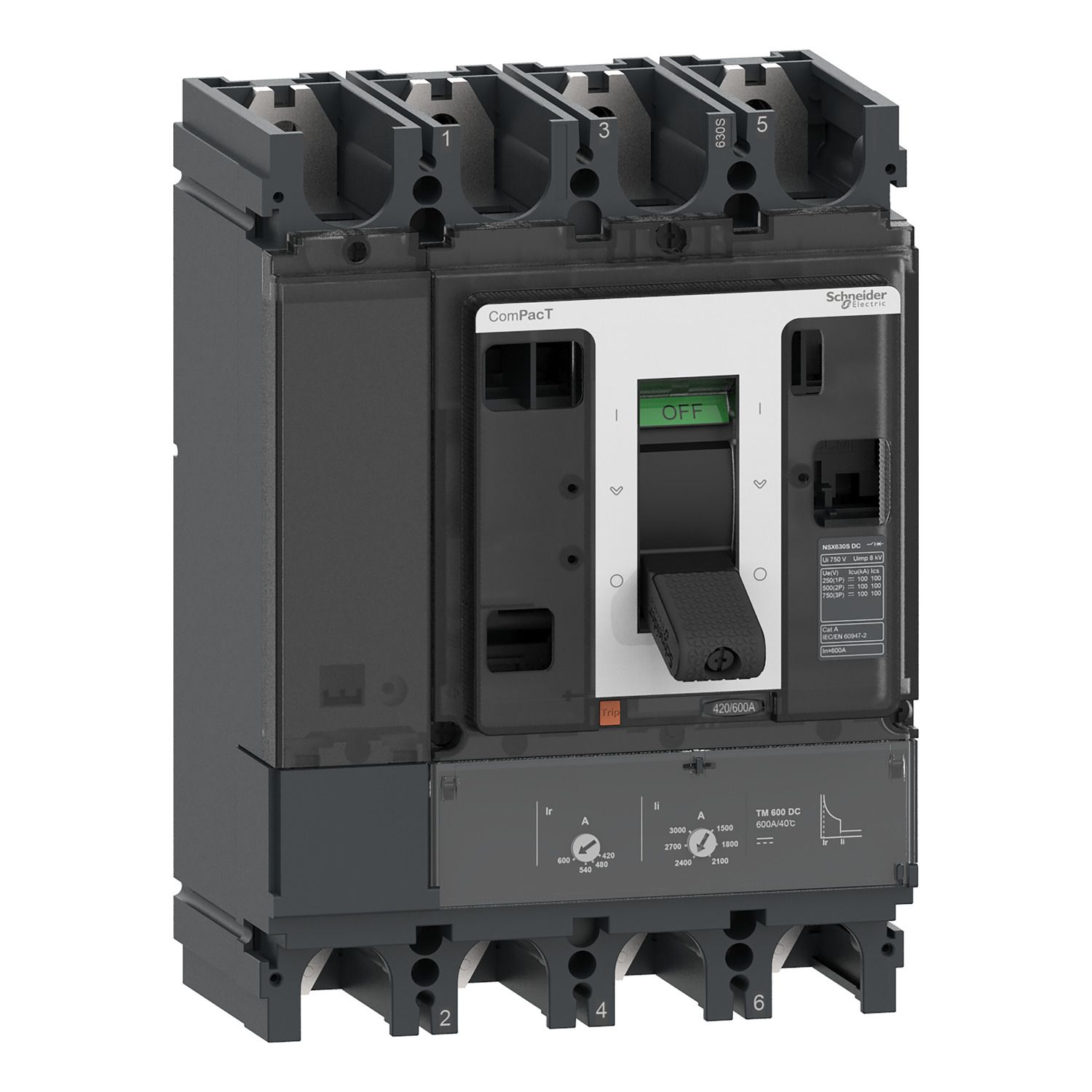Picture of Circuit breaker, ComPacT NSX630S DC, 100kA/750VDC, 4 poles, TM-DC trip unit 600A