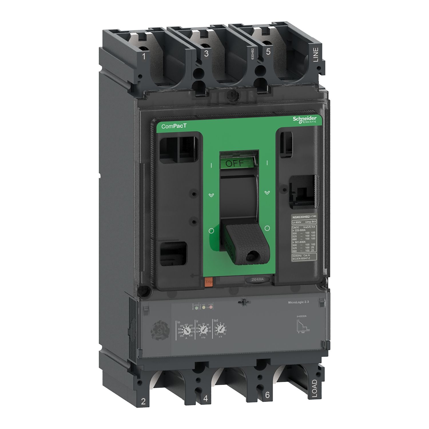 Picture of Circuit breaker, ComPacT NSX630HB2, 100kA/690VAC, 3 poles, MicroLogic 2.3 trip unit 630A