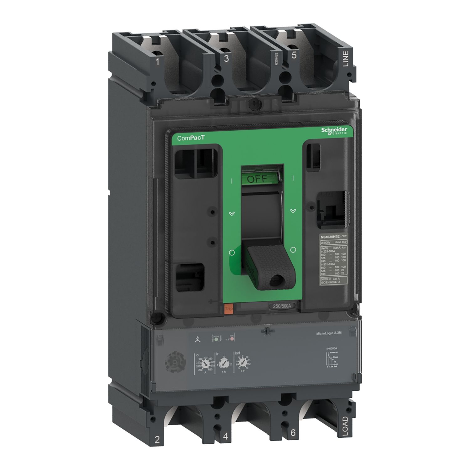Picture of Circuit breaker, ComPacT NSX630HB2, 100kA/690VAC, 3 poles, MicroLogic 2.3M trip unit 500A