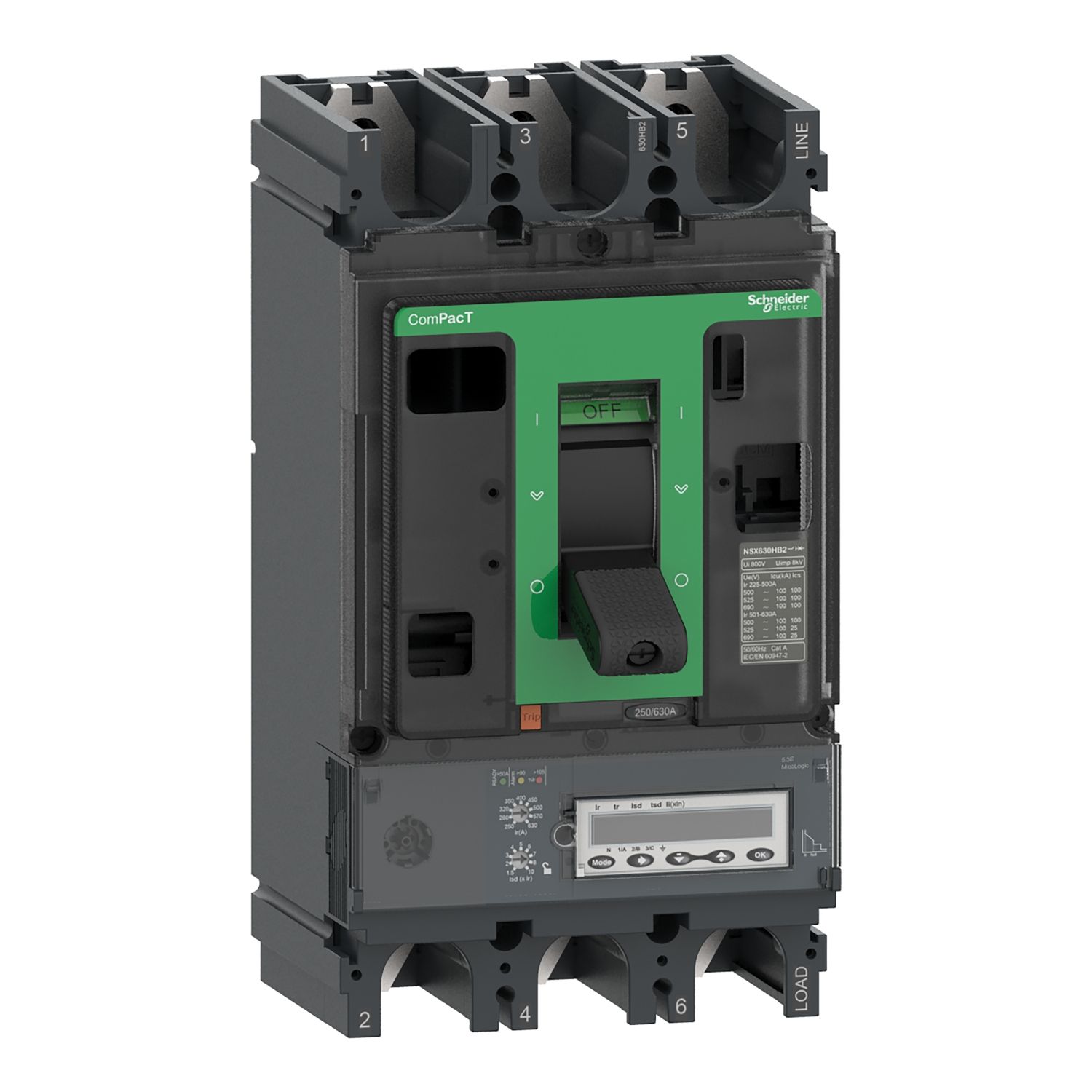 Picture of Circuit breaker, ComPacT NSX630HB2, 100kA/690VAC, 3 poles, MicroLogic 5.3E trip unit 630A