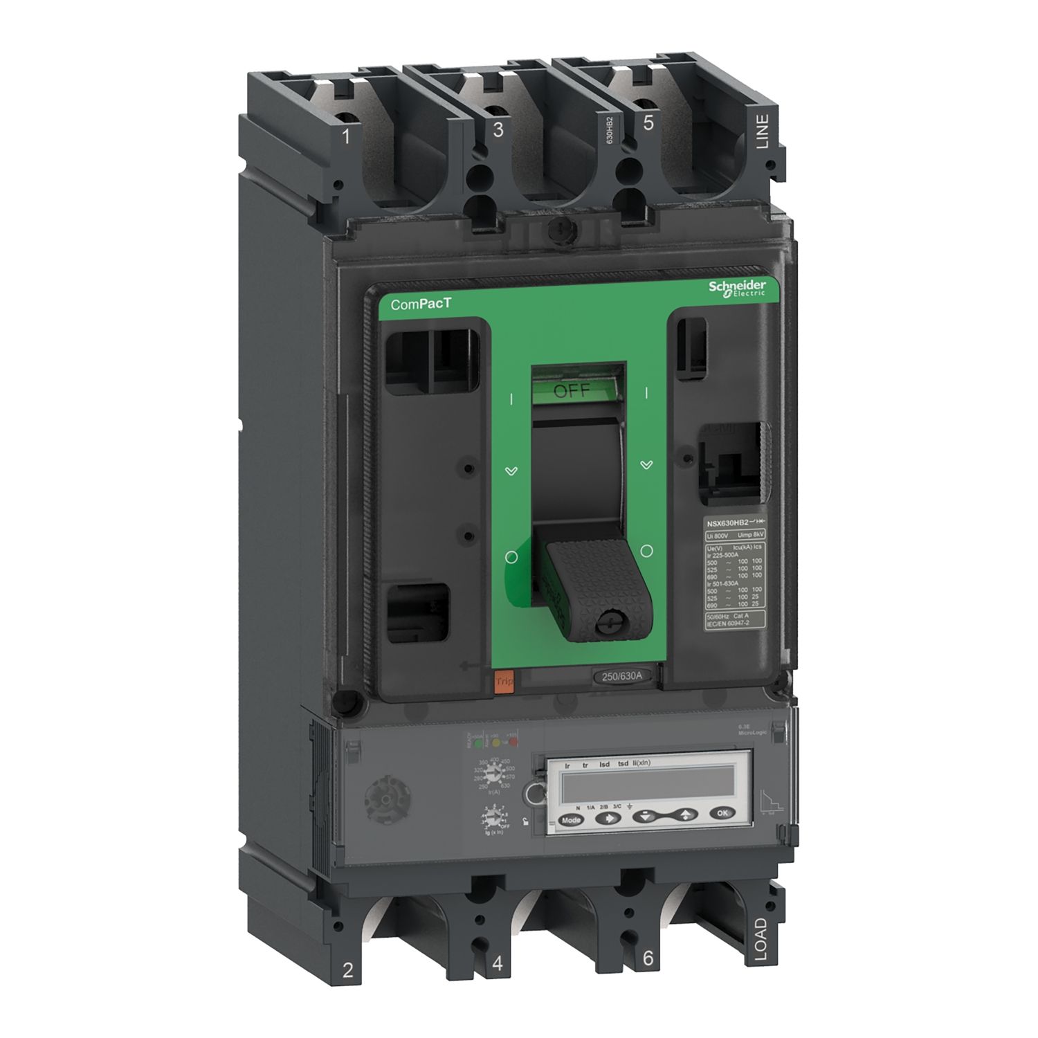 Picture of Circuit breaker, ComPacT NSX630HB2, 100kA/690VAC, 3 poles, MicroLogic 6.3E trip unit 630A