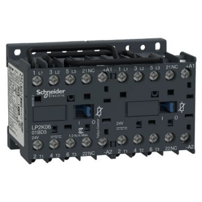 Picture of reversing Contactor, TeSys K, 3P, AC-3/AC-3e,440V 6A, 1NC, 24V DC coil,with integral suppression device