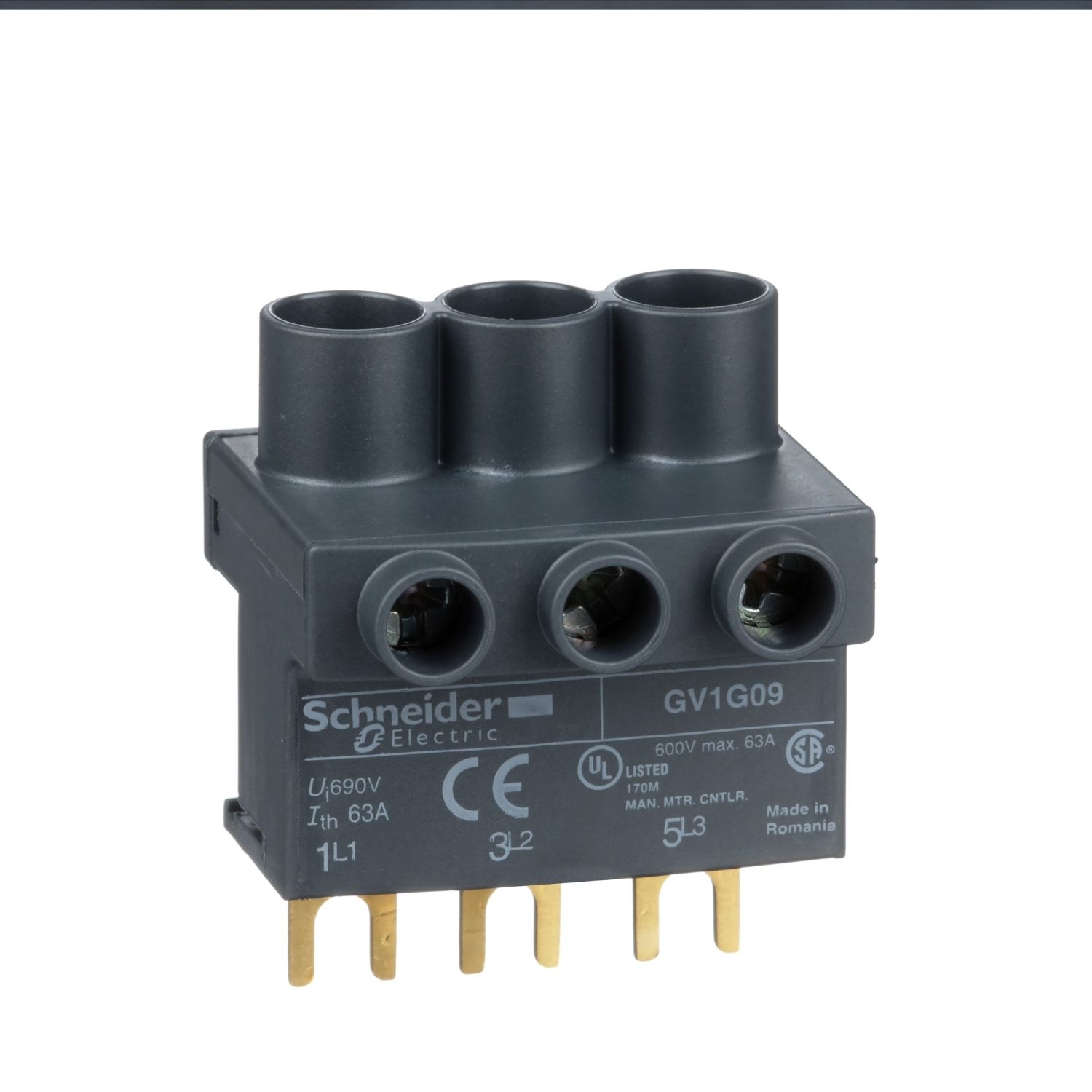 Picture of Terminal block, TeSys D, TeSys Deca & TeSys U, 3P, from the top, for supply to one or more GV2G busbar sets