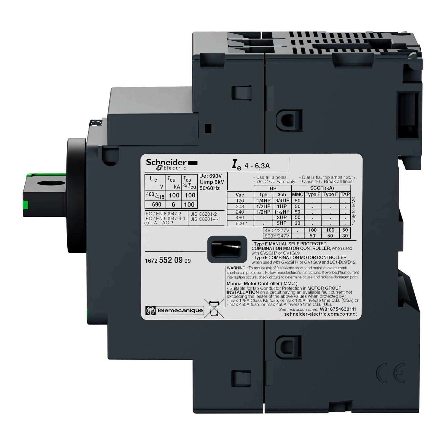 Picture of Motor circuit breaker, TeSys GV2, TeSys Deca, 3P, 18A, magnetic, rotary handle, screw clamp terminals