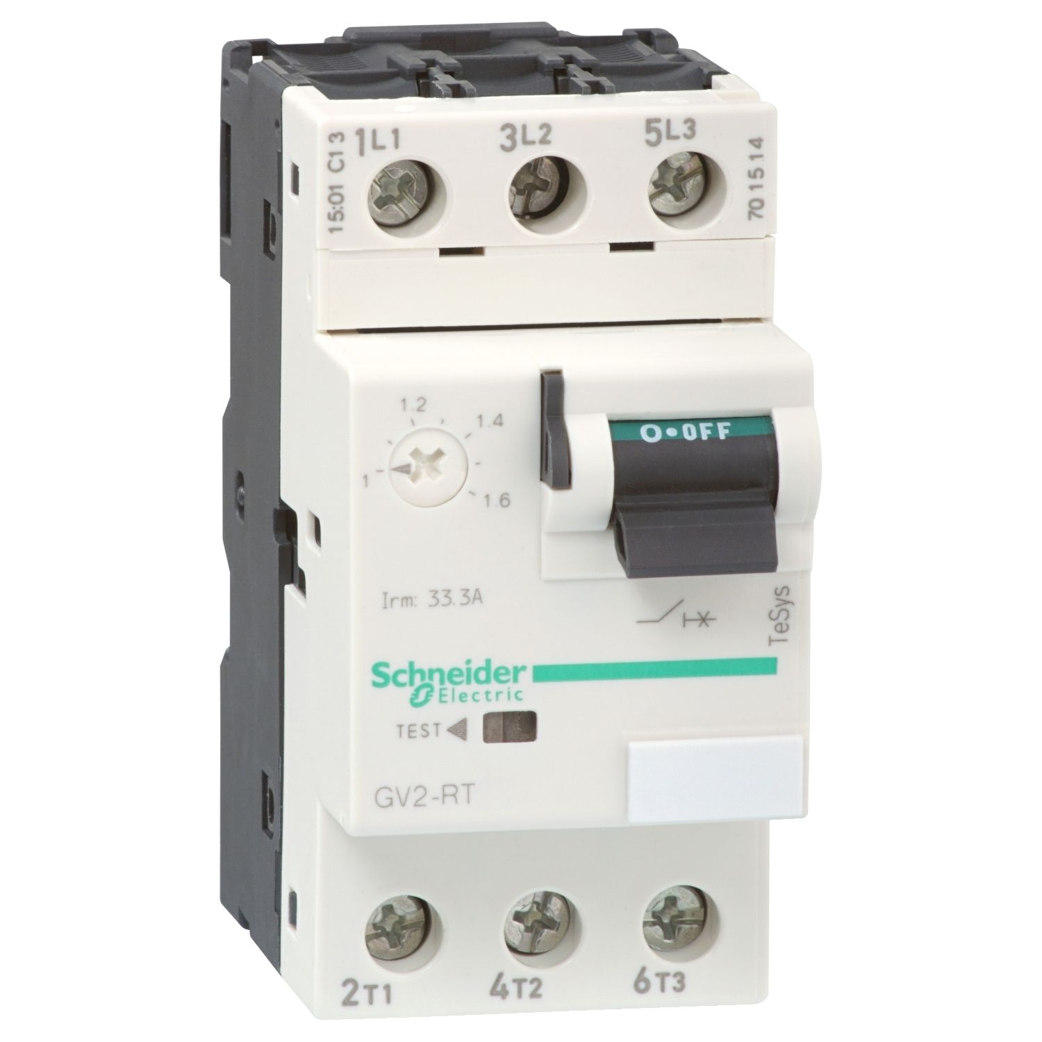 Picture of Motor circuit breaker, TeSys GV2, TeSys Deca,3P,0.63-1A,thermal magnetic,screw clamp terminals,toggle handle