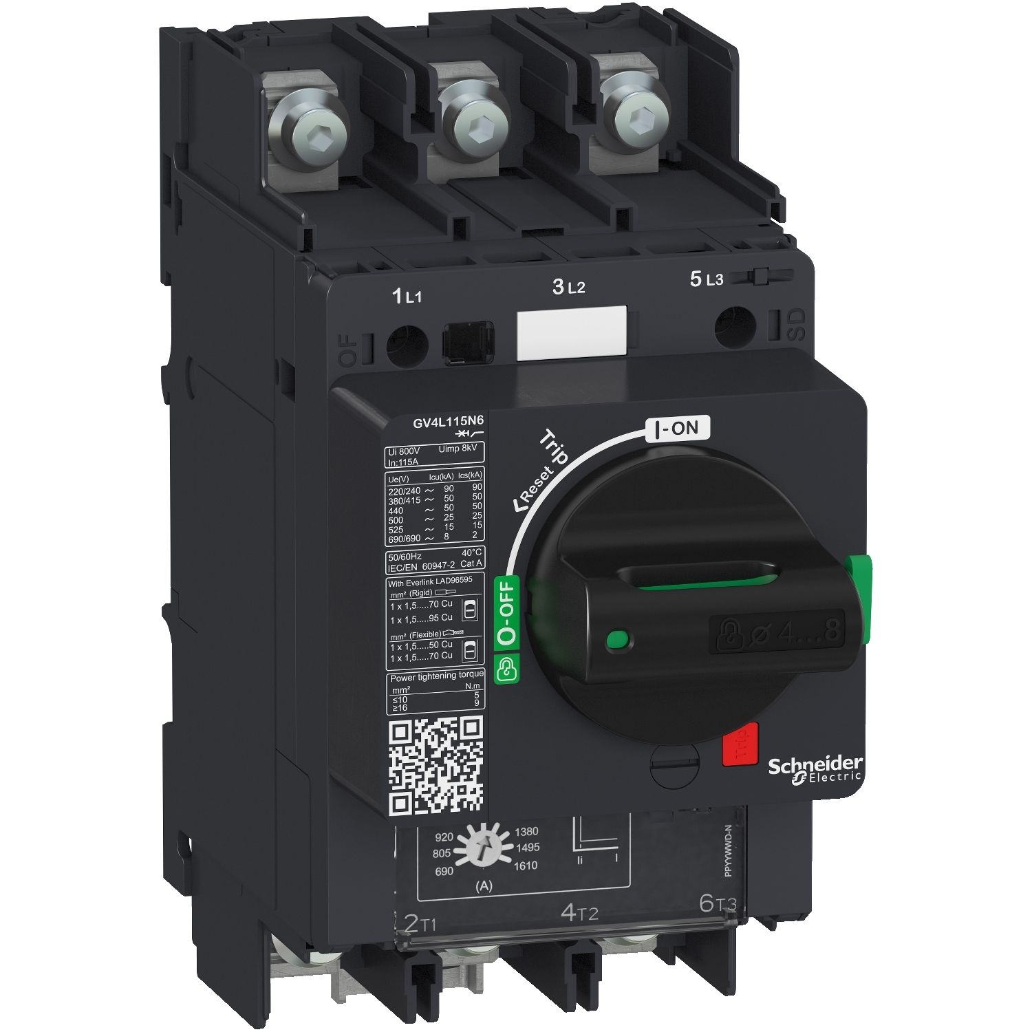 Picture of Motor circuit breaker, TeSys GV4, TeSys GV4, 3P, 3.5A, Icu 50kA, magnetic, lugs terminals