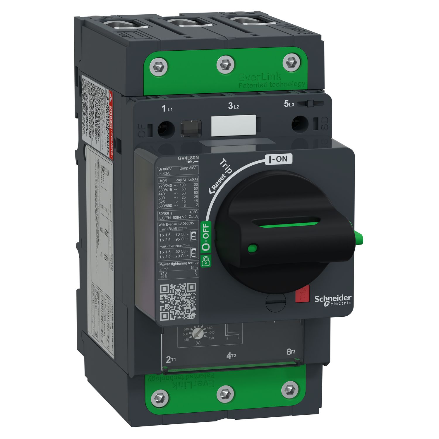 Picture of Motor circuit breaker, TeSys GV4, TeSys GV4, 3P, 80A, Icu 50kA, magnetic, EverLink terminals