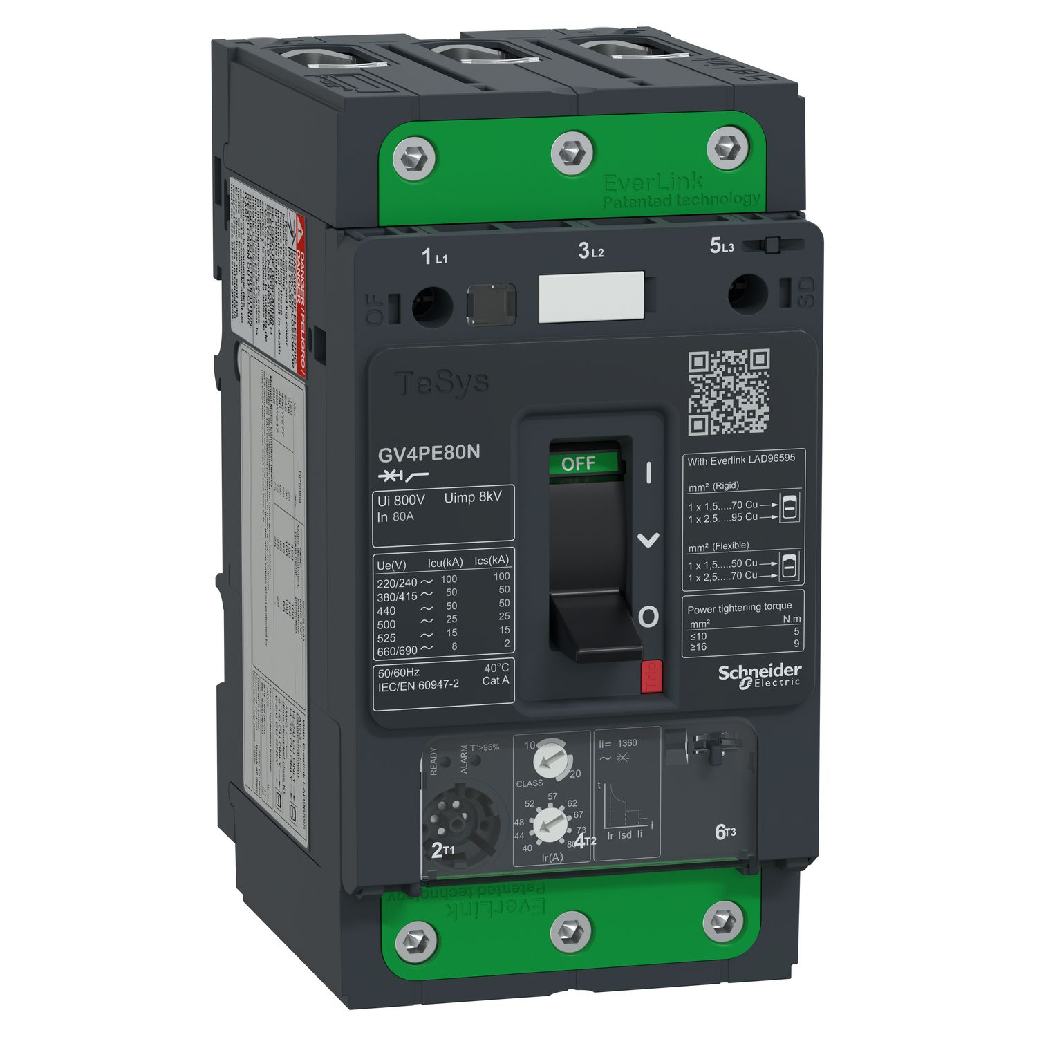 Picture of Motor circuit breaker, TeSys GV4, TeSys GV4, 3P, 80A, Icu 50kA, thermal magnetic, Everlink terminals