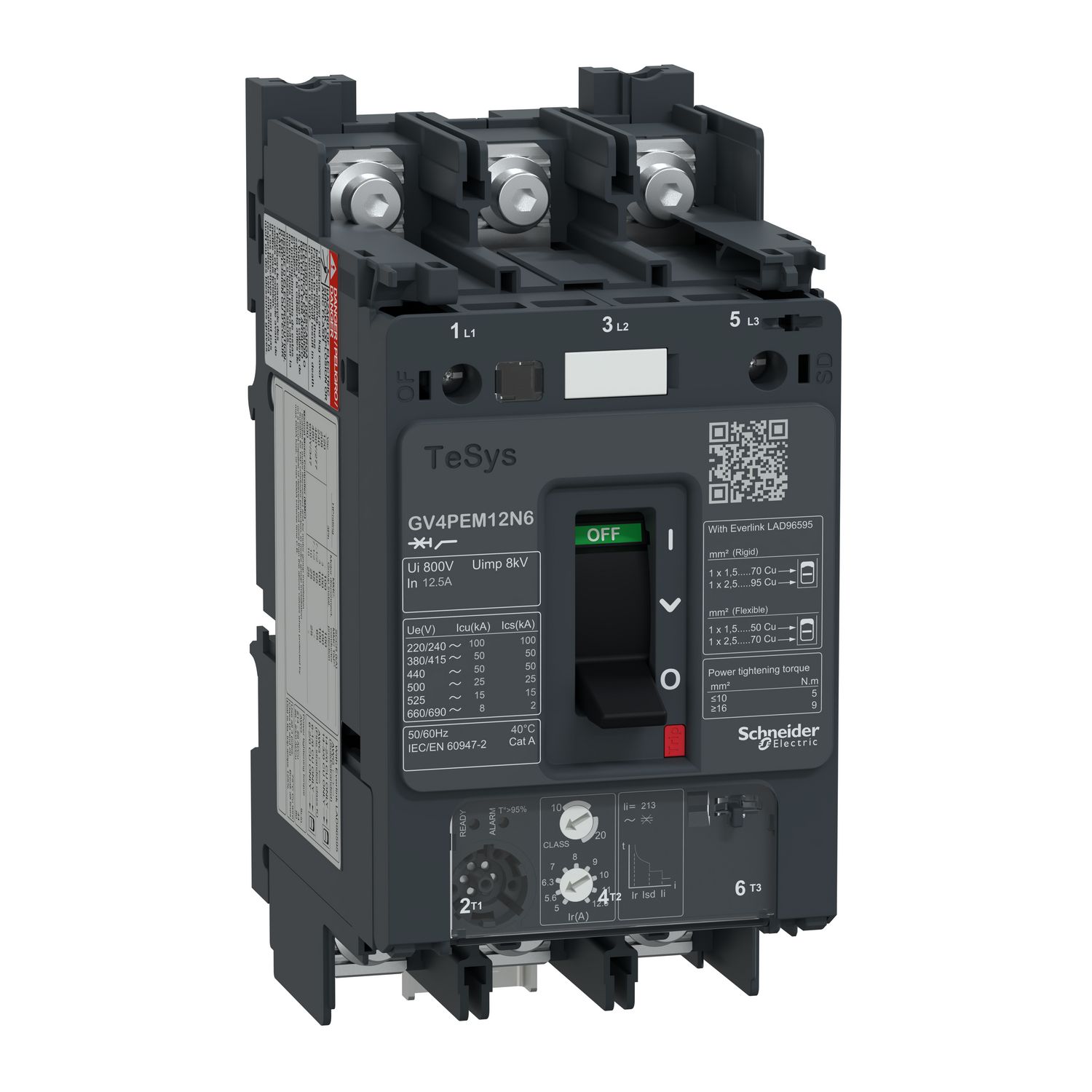 Picture of Motor circuit breaker, TeSys GV4, TeSys GV4, 3P, 12.5A, Icu 50kA, thermal magnetic multifunction, lugs terminals