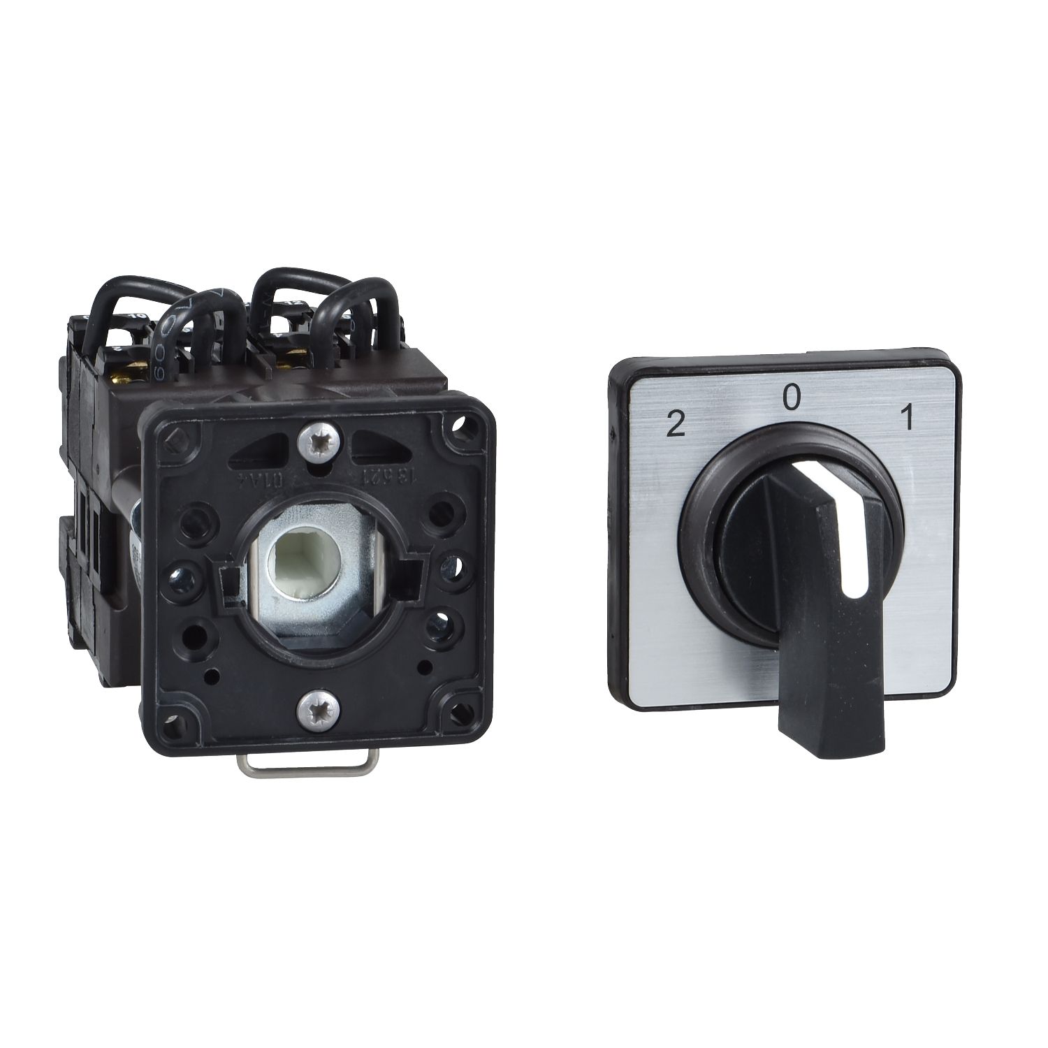 Picture of Cam changeover switch, Harmony K, 22mm, plastic, 3 poles, position 0, 45 degree, 20A, 45x45mm, metallic legend, marked 2/0/1, 35mm black handle