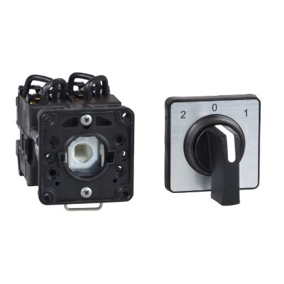 Picture of Cam changeover switch, Harmony K, 22mm, plastic, 3 poles, position 0, 45 degree, 20A, 45x45mm, metallic legend, marked 2/0/1, 35mm black handle