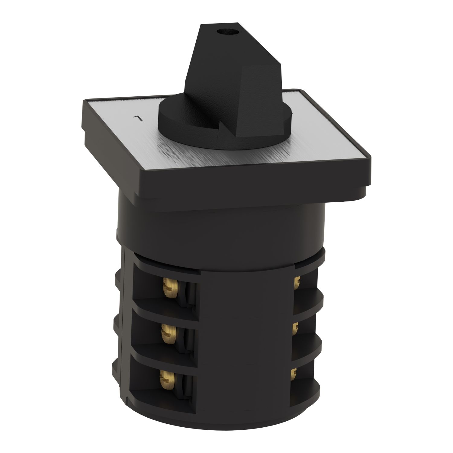 Picture of Complete cam switch, Harmony K1, K2, cam changeover switch, front mounting, plastic, 4 poles, position 0, 60degrees, 63A, 64x64mm, marked 1 0 2