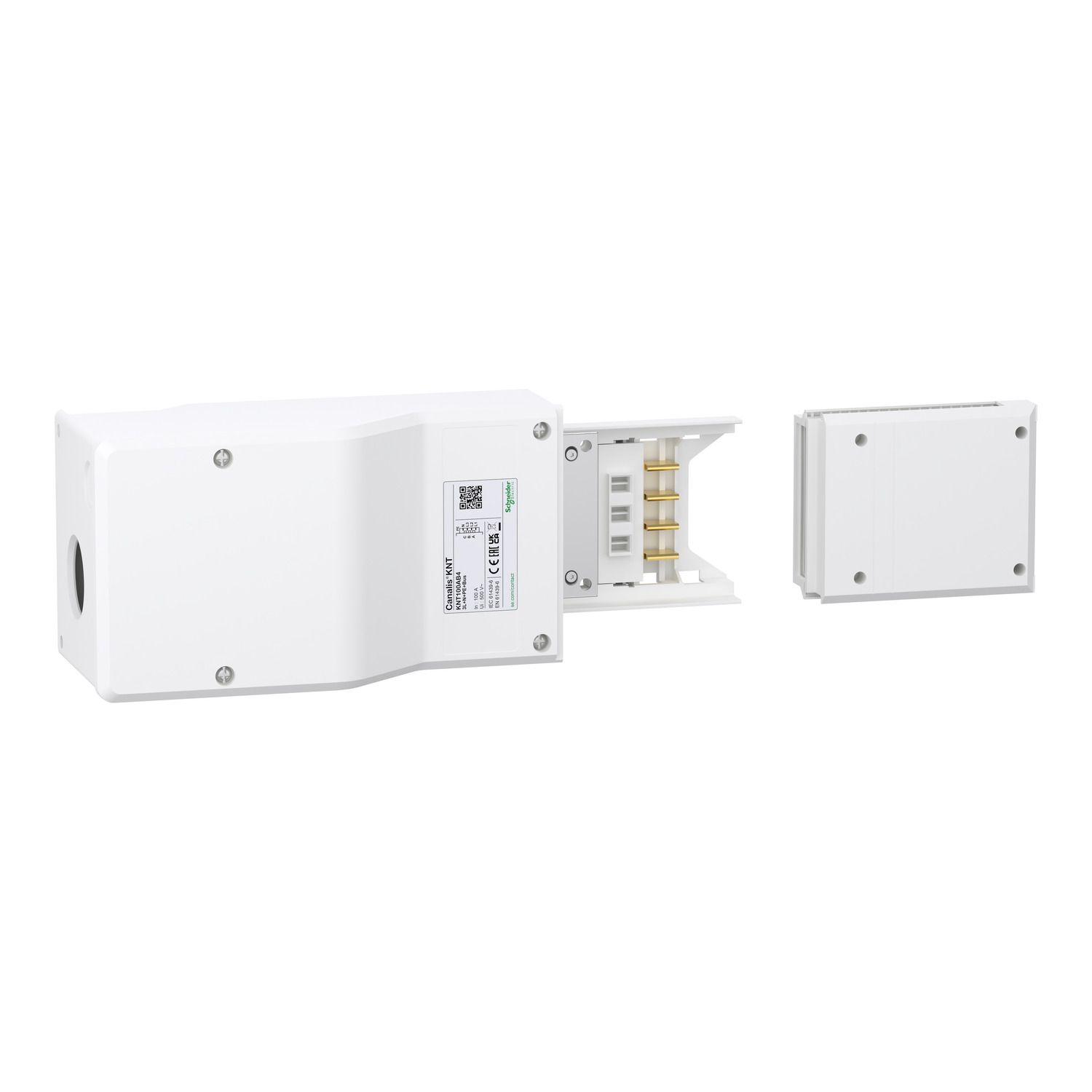 Picture of End feed unit, Canalis KNT, 100A, right or left mounting, 3L+N+PE/3L+PEN, with built-in transmission bus, RAL9001