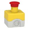 Picture of Control station, Harmony XALK, plastic, yellow lid, 1 red mushroom push button 40mm, turn to release, 1NC with monitoring, unmarked