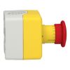 Picture of Control station, Harmony XALK, plastic, yellow lid, 1 red mushroom push button 40mm, turn to release, 1NC with monitoring, unmarked