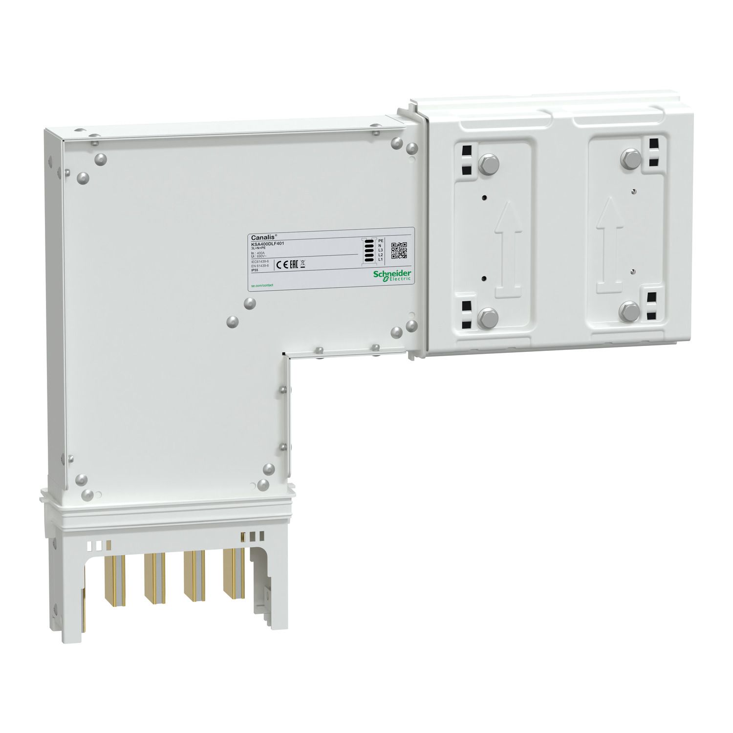 Picture of Elbow, Canalis KSA400, aluminium, 400A, fixed dimensions (A/B 250mm), to go downward, 3L+N+PE, white RAL9001