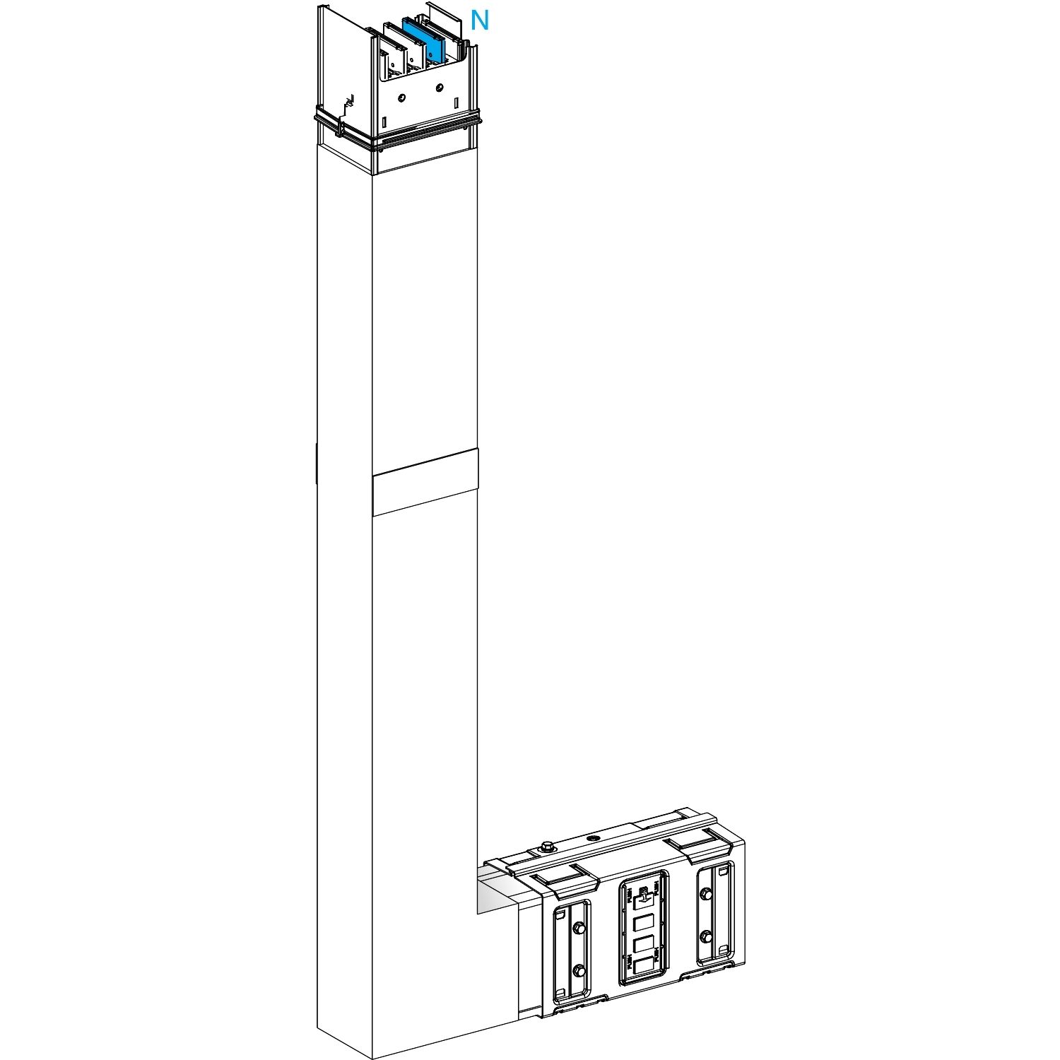 Picture of Elbow, Canalis KSA630, aluminium, 500/630A, side B made to measure with fire barrier, to go upward, 3L+N+PE, RAL9001