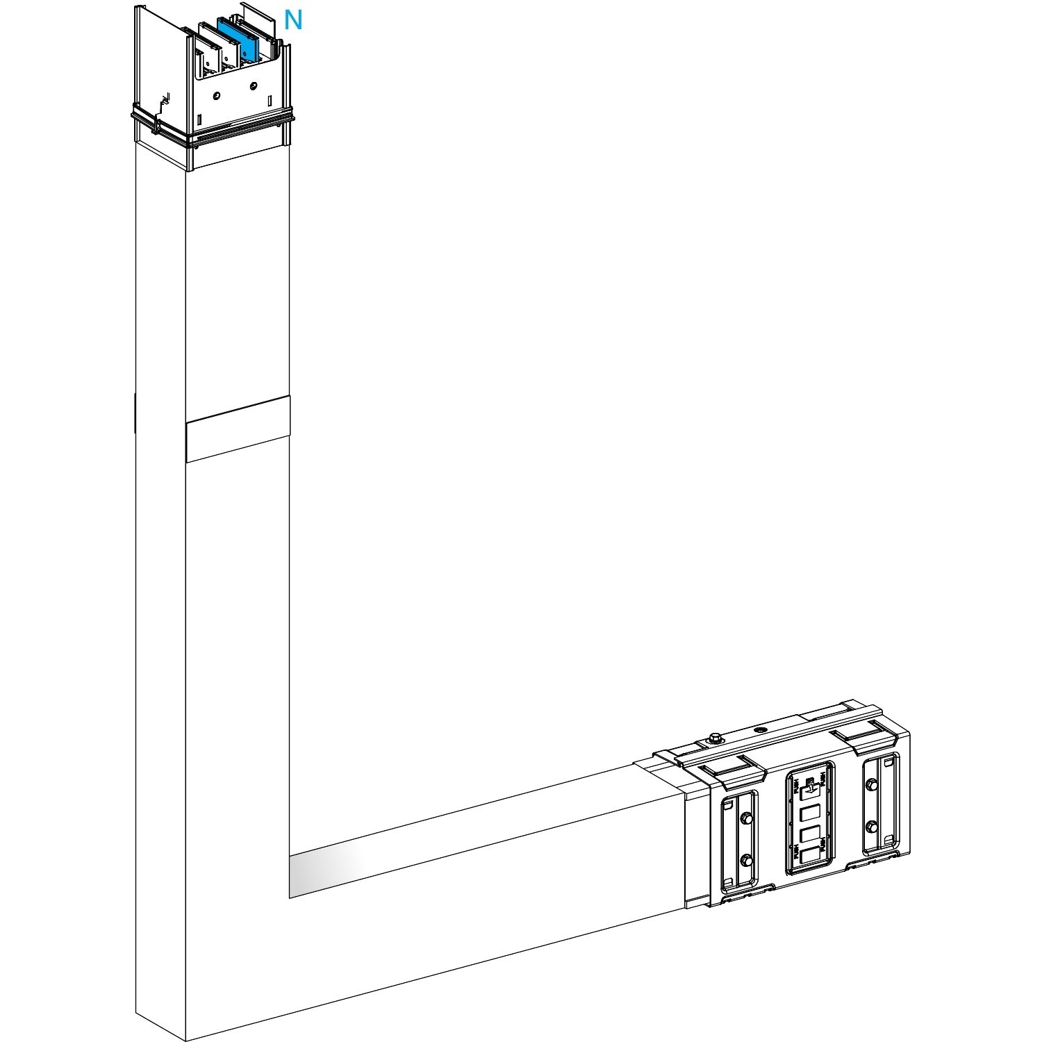 Picture of Elbow, Canalis KSA630, aluminium, 500/630A, sides A/B made to measure, 1 fire barrier, to go upward, 3L+N+PE, RAL9001
