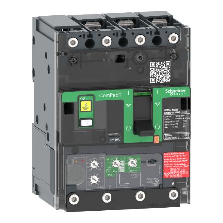 Picture of Circuit breaker, ComPacT NSXm 160N, 50kA/415VAC, 3 poles, MicroLogic 4.1 trip unit 100A, lugs/busbars