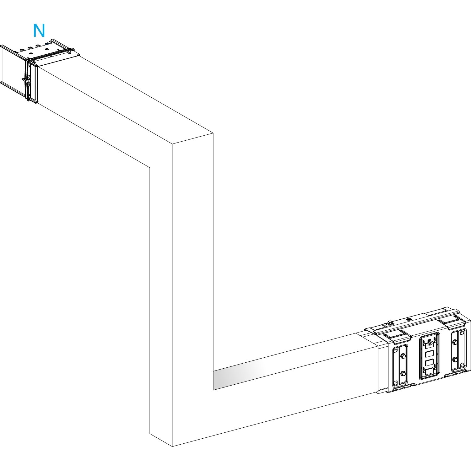 Picture of Multiple, Canalis KSA630, aluminium, 500/630A, all sides made to measure, upward then turns right, 3L+N+PE, RAL9001