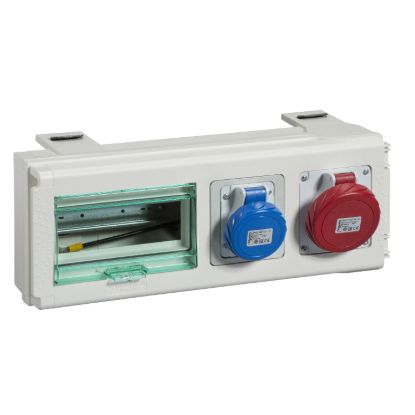 Picture of Tap off unit, Canalis KS 100A to 1000A, 8 modules of 18mm, 32A, DIN rail, 3L+N+PE, 1 Schuko + 1 industrial power sockets