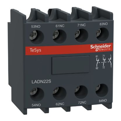 Picture of Auxiliary contact block, TeSys Deca, 2NO+2NC, front mounting, screw clamp terminals, red front face