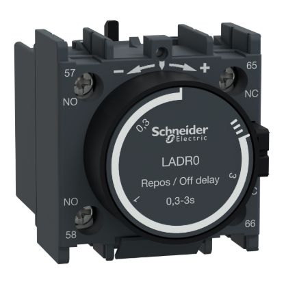 Picture of Time delay Auxiliary Contact Block, TeSys D, TeSys Deca, 1NO + 1NC, off delay 0.3-3s, front, screw clamp terminals