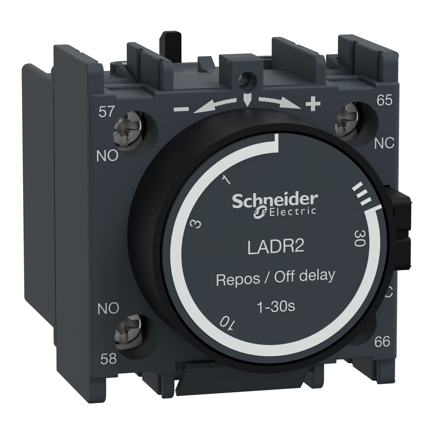 Picture of Time delay Auxiliary Contact Block, TeSys D, TeSys Deca, 1NO + 1NC, off delay 1-30s, front, screw clamp terminals