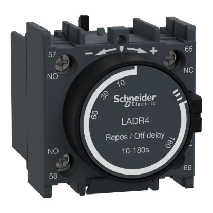 Picture of Time delay Auxiliary Contact Block, TeSys D, TeSys Deca, 1NO + 1NC, off delay 10-180s, front, screw clamp terminals