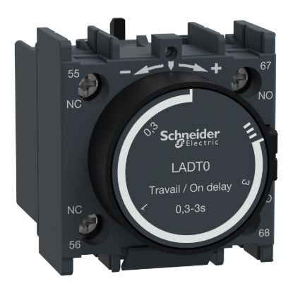 Picture of Time delay Auxiliary Contact Block, TeSys D, TeSys Deca, 1NO + 1NC, on delay 0.3-3s, front, screw clamp terminals