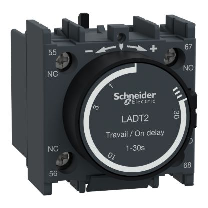 Picture of Time delay contact block, TeSys D, TeSys Deca,1NO+1NC,on-delay 1-30s,front
