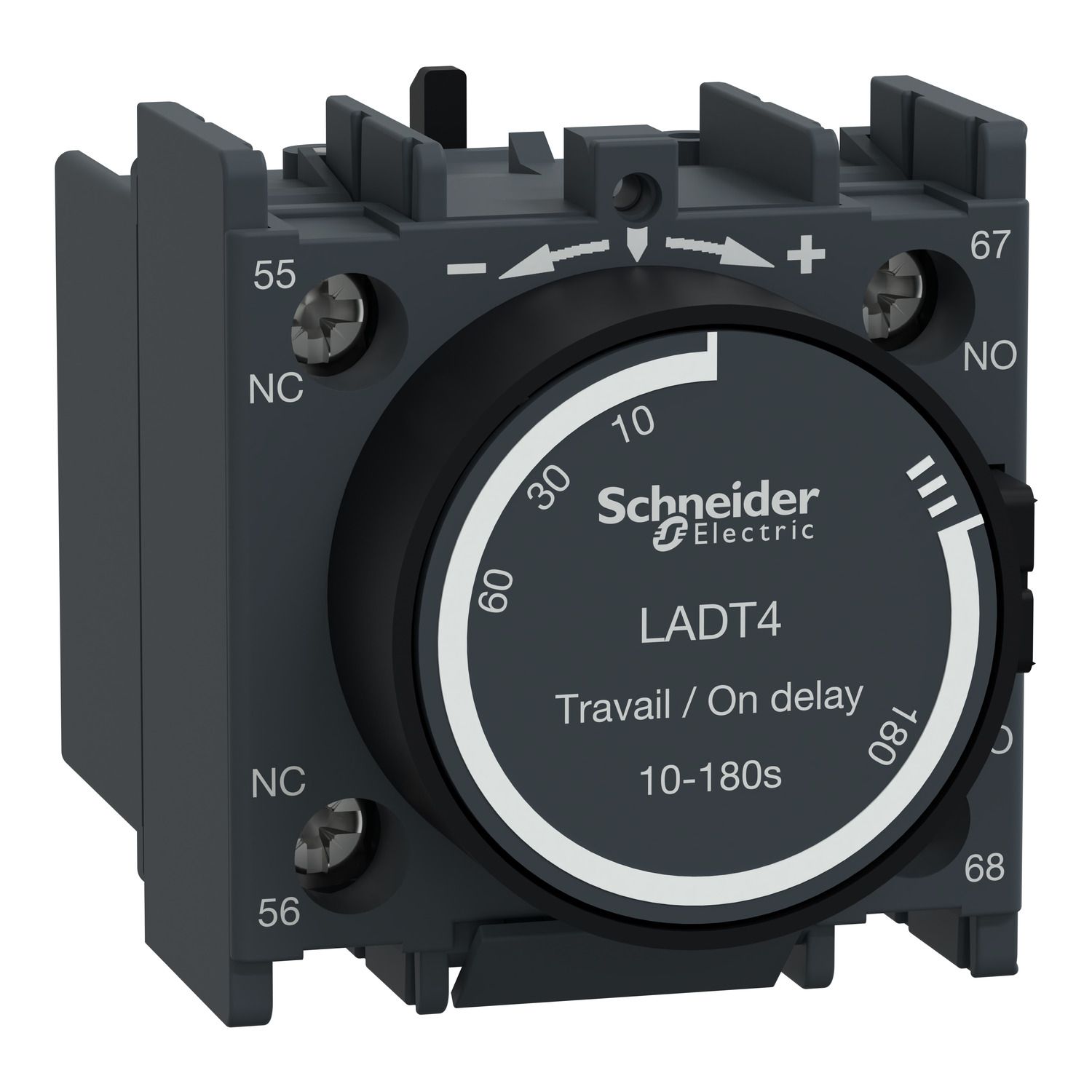 Picture of Time delay Auxiliary Contact Block, TeSys D, TeSys Deca, 1NO + 1NC, on delay 10-180s, front, screw clamp terminals