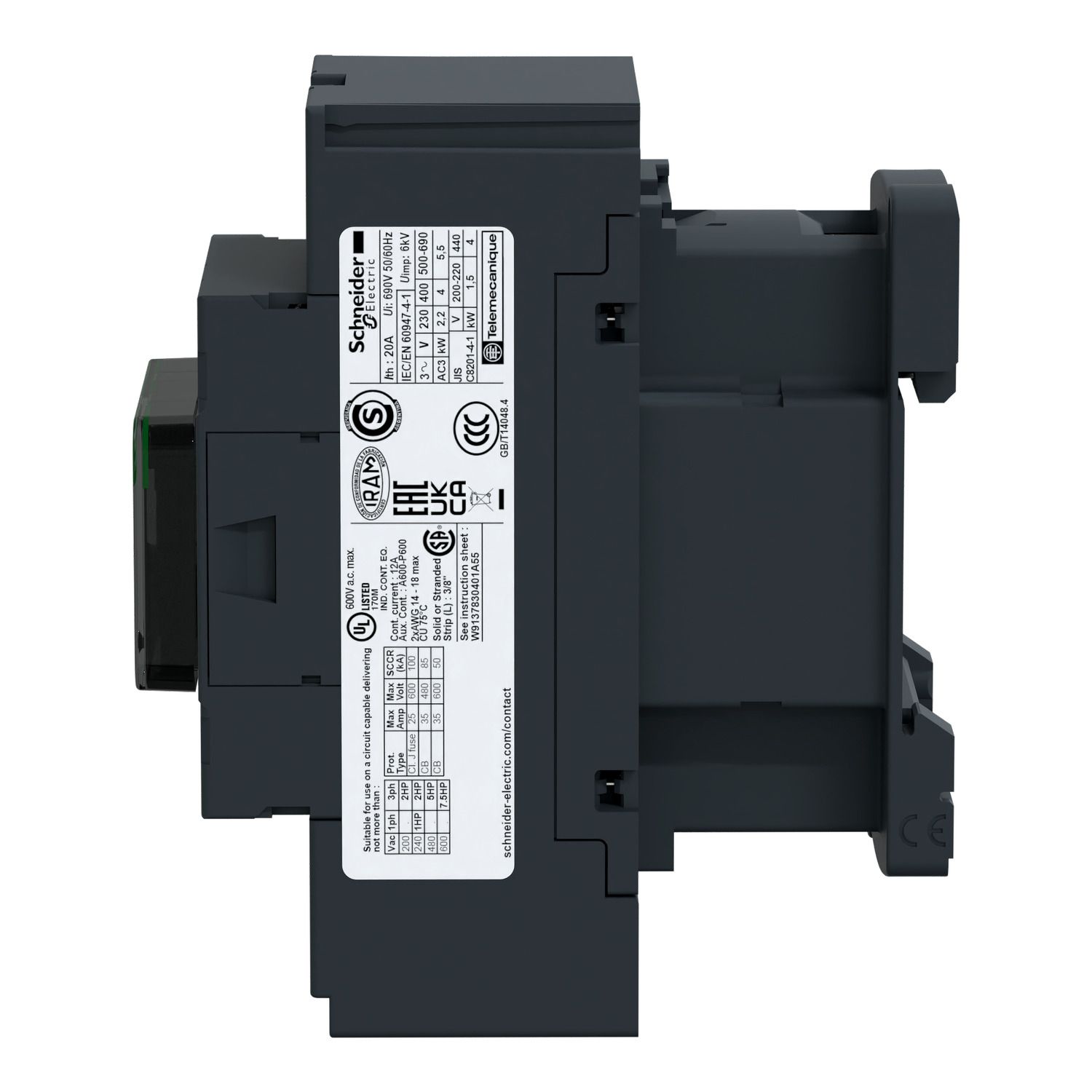 Picture of Contactor, TeSys Deca, 3P(3NO), AC-3/AC-3e, <=440V, 9A, 24V DC coil, spring terminals