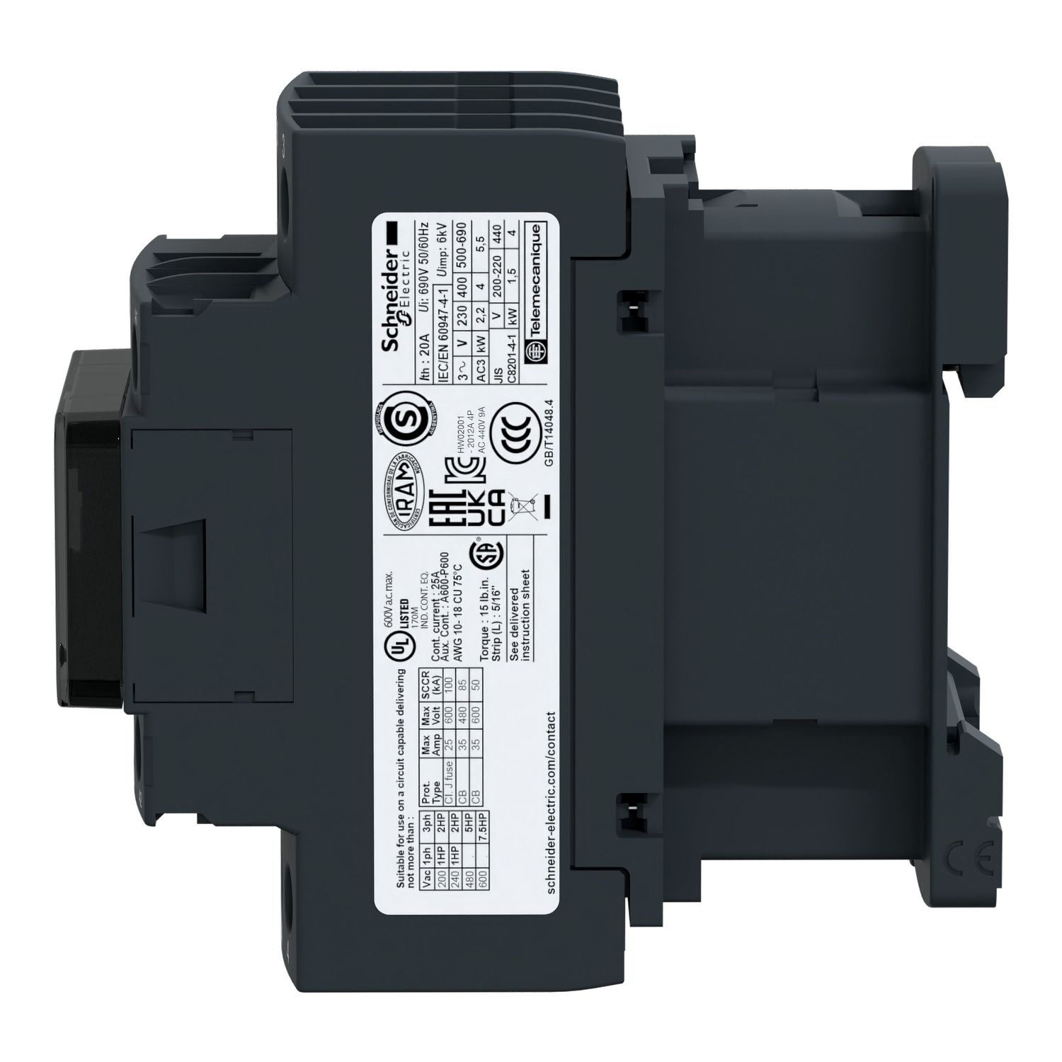 Picture of Contactor, TeSys Deca, 4P(2NO+2NC), AC-1, <=440V, 20A, 220VDC coil, screw clamp terminal