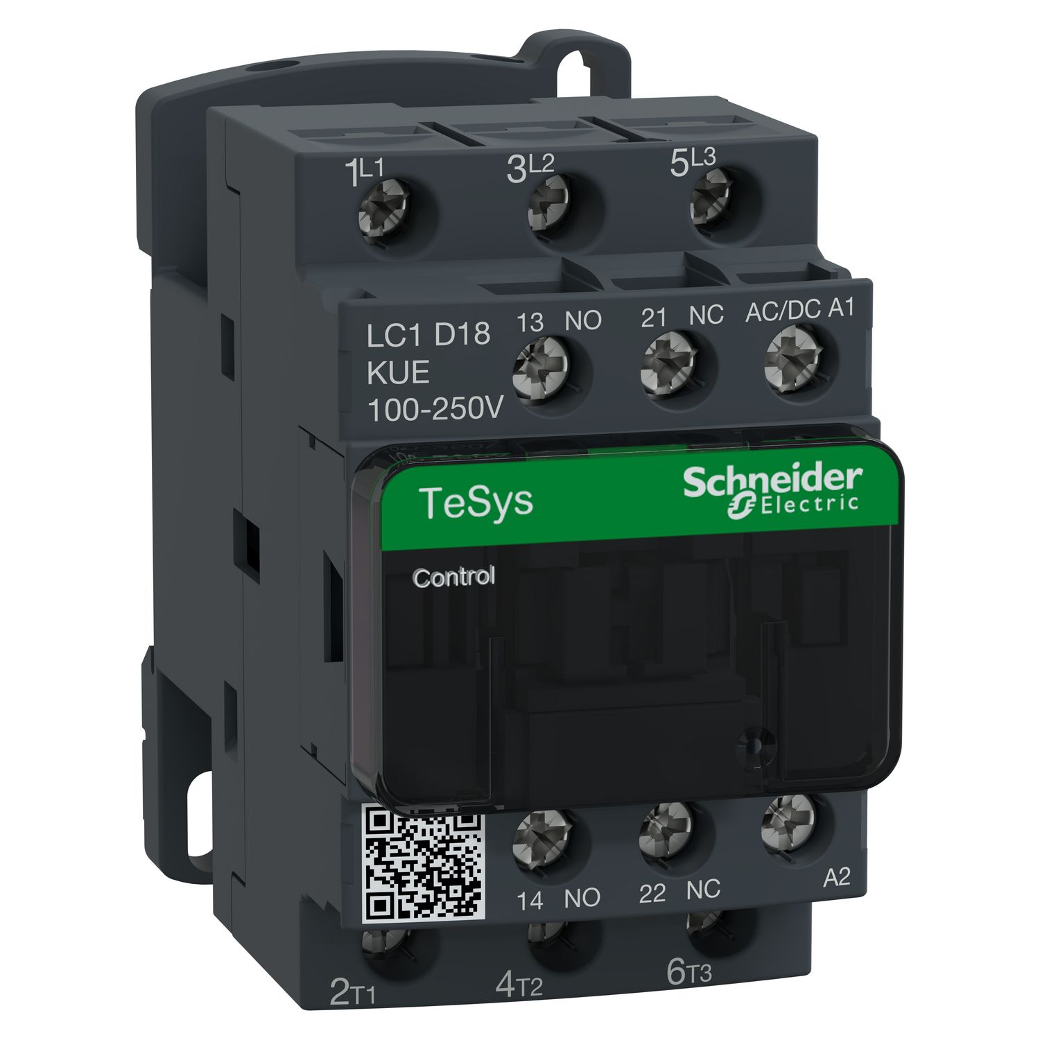 Picture of Contactor, TeSys D, TeSys Deca, 3P(3 NO), AC-3/AC-3e, 0 to 440V, 18A, 100-250VAC/DC coil