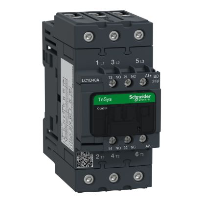 Picture of Contactor, TeSys D, TeSys Deca, 3P(3 NO), AC-3/AC-3e, 0 to 440V, 40A, 24VDC standard coil