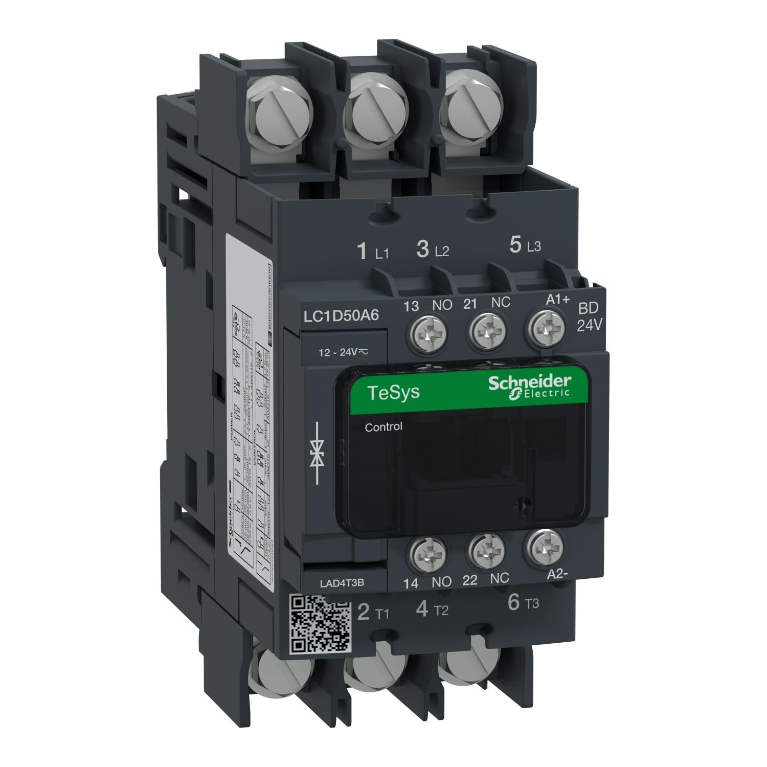 Picture of Contactor, TeSys Deca, 3P(3 NO), AC-3/AC-3e, <=400V, 50A, 24V DC standard coil, lugs-ring terminals