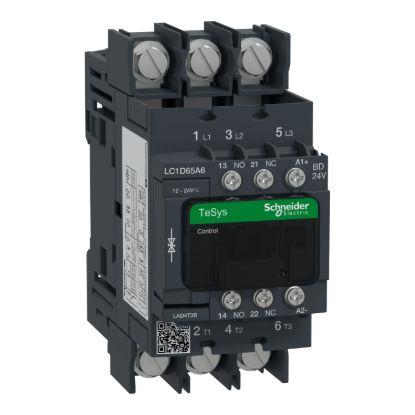 Picture of Contactor, TeSys Deca, 3P(3 NO), AC-3/AC-3e, <=400V, 65A, 24V DC standard coil, lugs-ring terminals