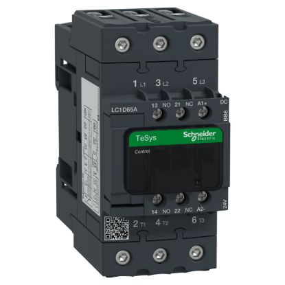 Picture of Contactor, TeSys D, TeSys Deca, 3P(3 NO), AC-3/AC-3e, 0 to 440V, 65A, 24VDC coil, EverLink