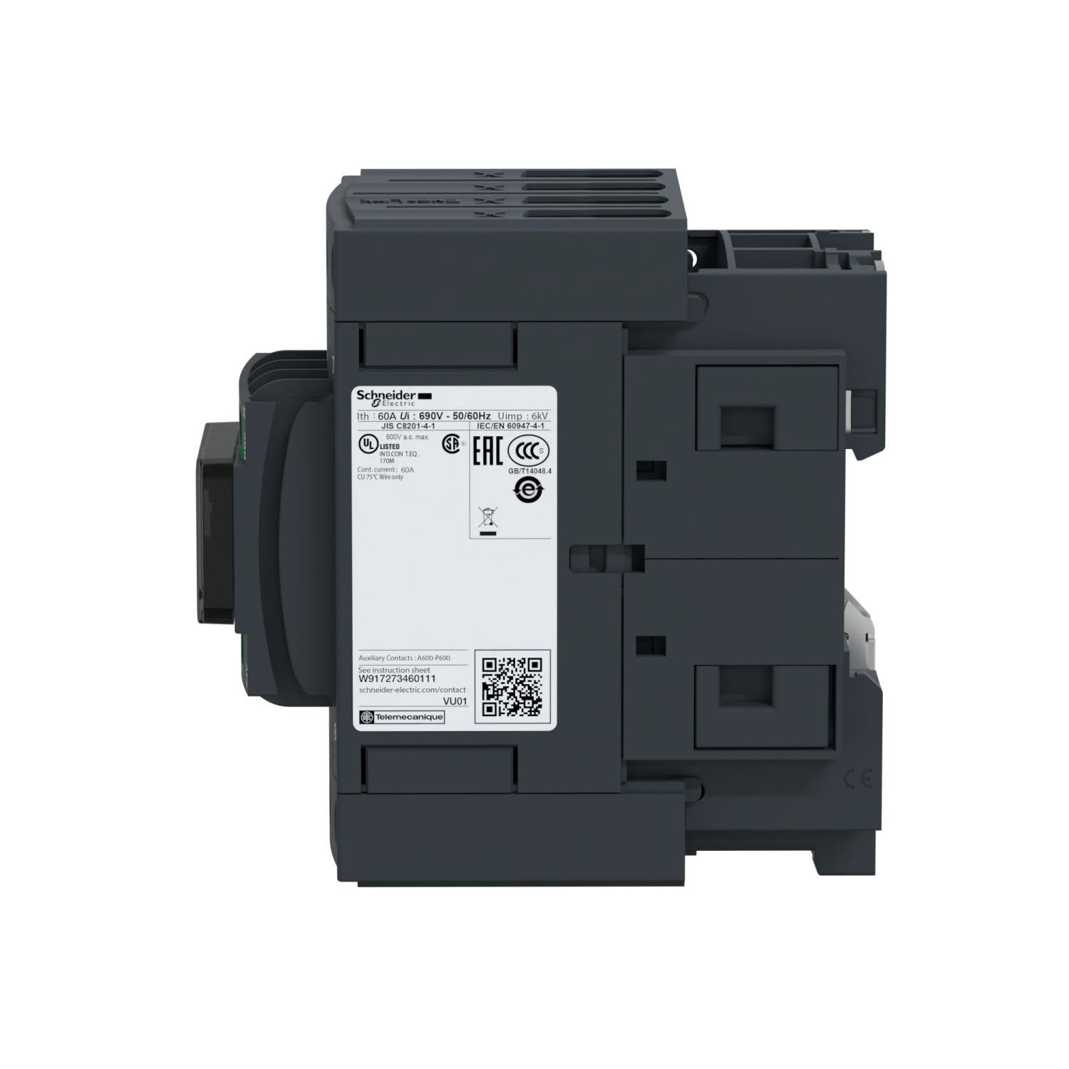 Picture of Contactor, TeSys Deca, 4P(4NO), AC-1, <=440V, 60A, 24VDC coil, EverLink BTR screws
